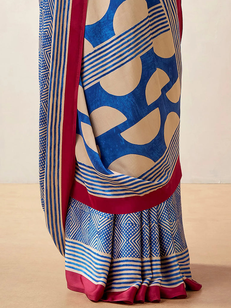 Mesmerizing Blue Digital Printed Satin Office Wear Saree With Blouse