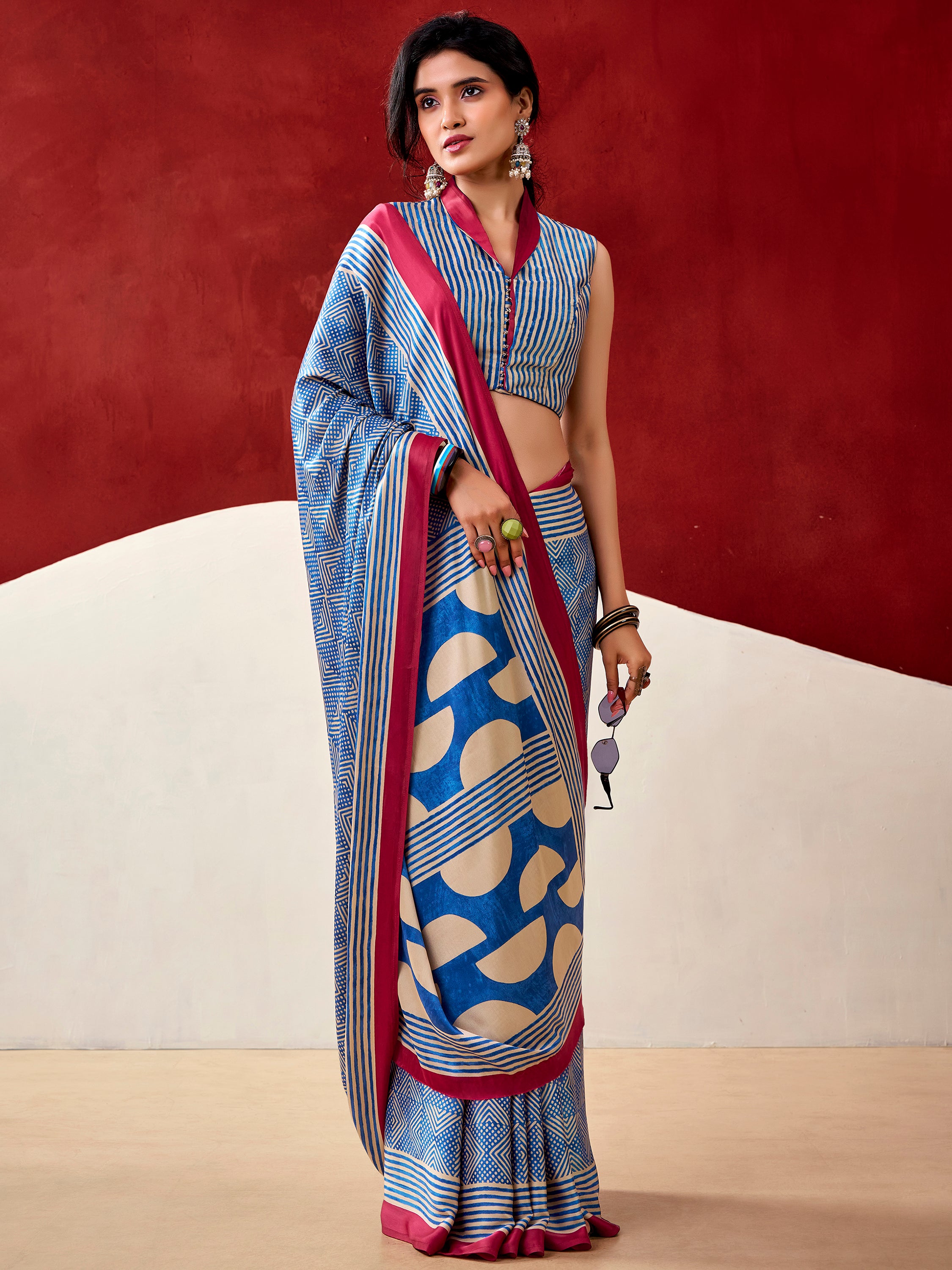 Mesmerizing Blue Digital Printed Satin Office Wear Saree With Blouse