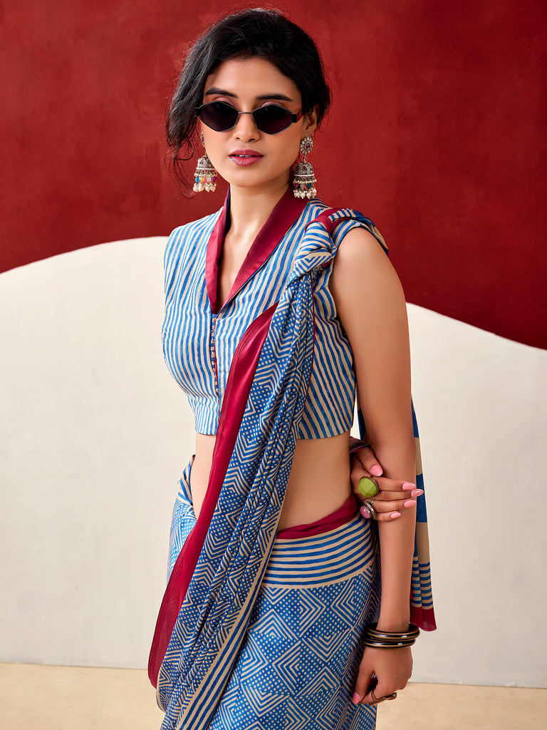 Mesmerizing Blue Digital Printed Satin Office Wear Saree With Blouse
