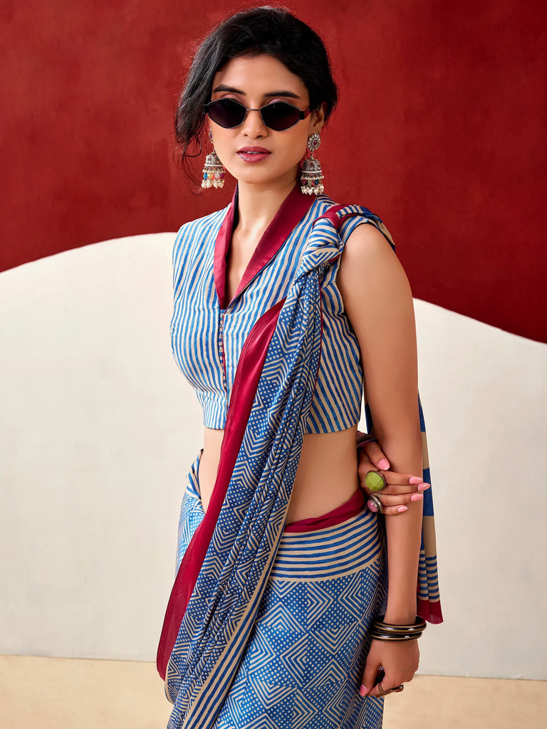 Mesmerizing Blue Digital Printed Satin Office Wear Saree With Blouse