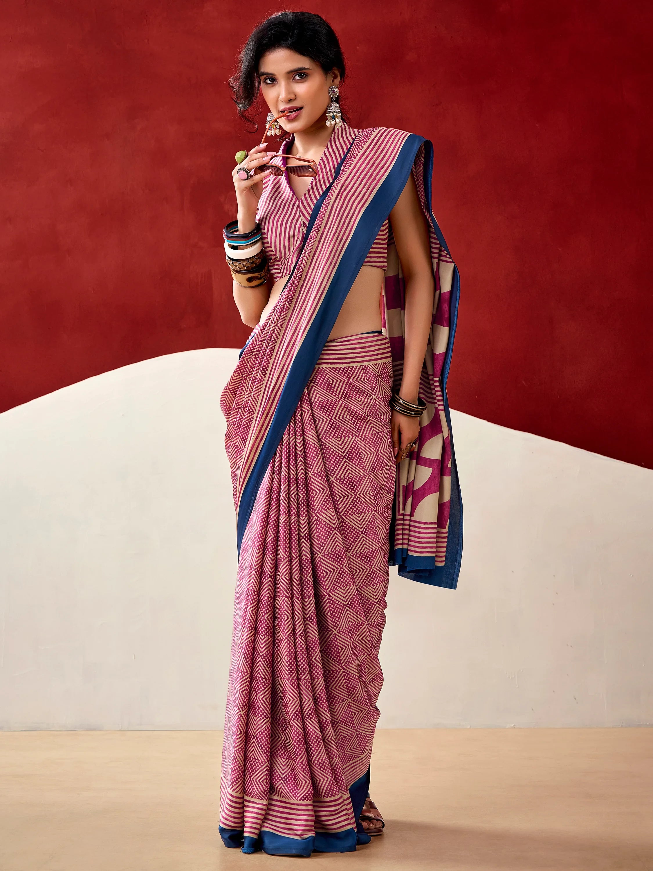 Gorgeous Pink Digital Printed Satin Office Wear Saree With Blouse