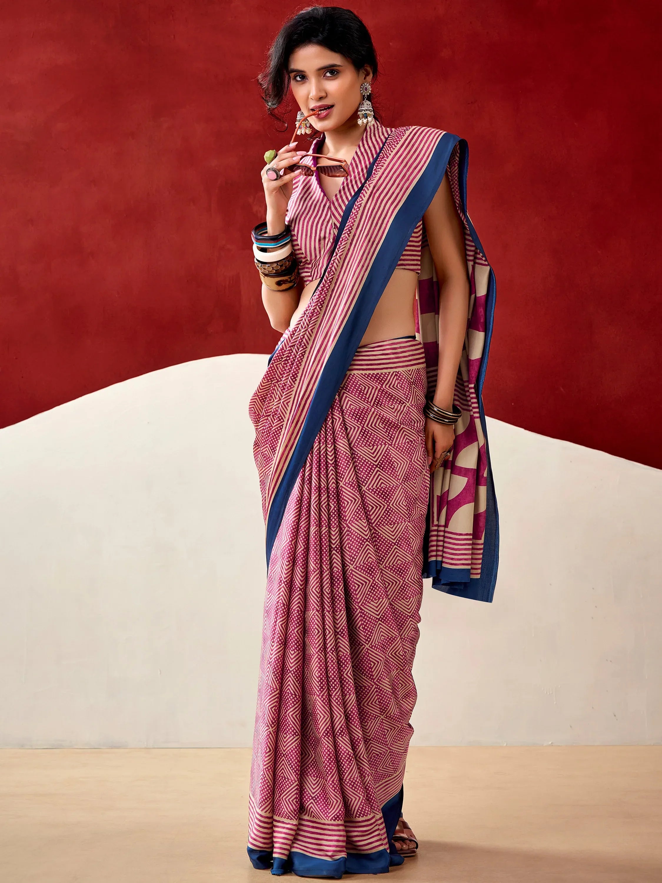 Gorgeous Pink Digital Printed Satin Office Wear Saree With Blouse