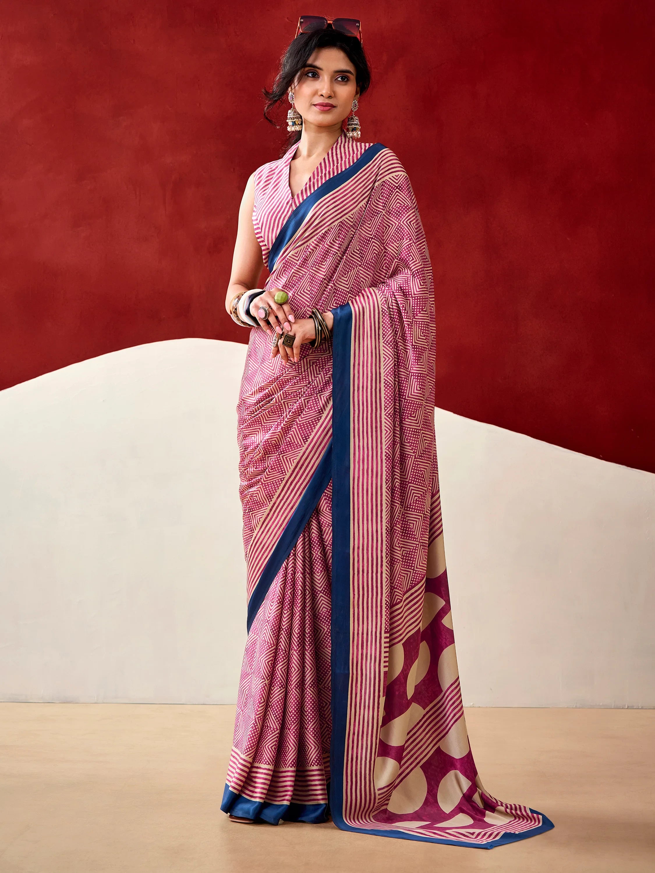 Gorgeous Pink Digital Printed Satin Office Wear Saree With Blouse