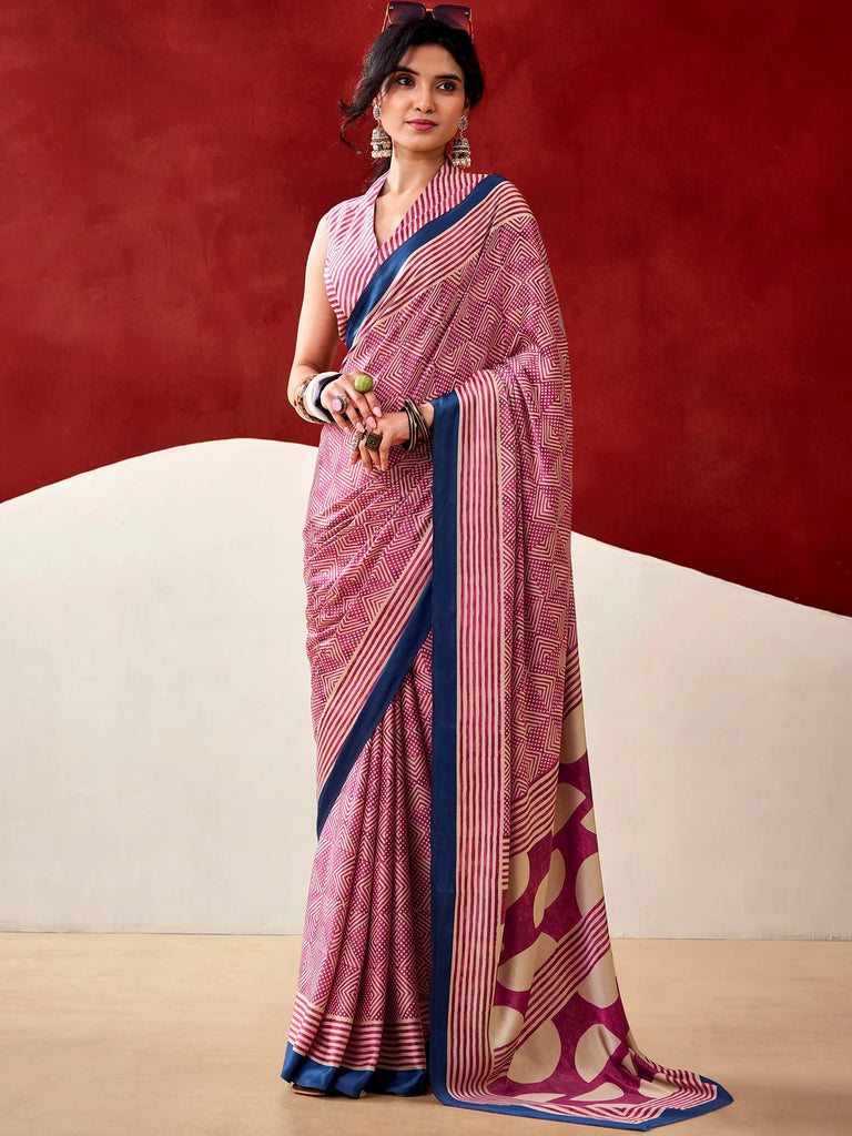 Gorgeous Pink Digital Printed Satin Office Wear Saree With Blouse