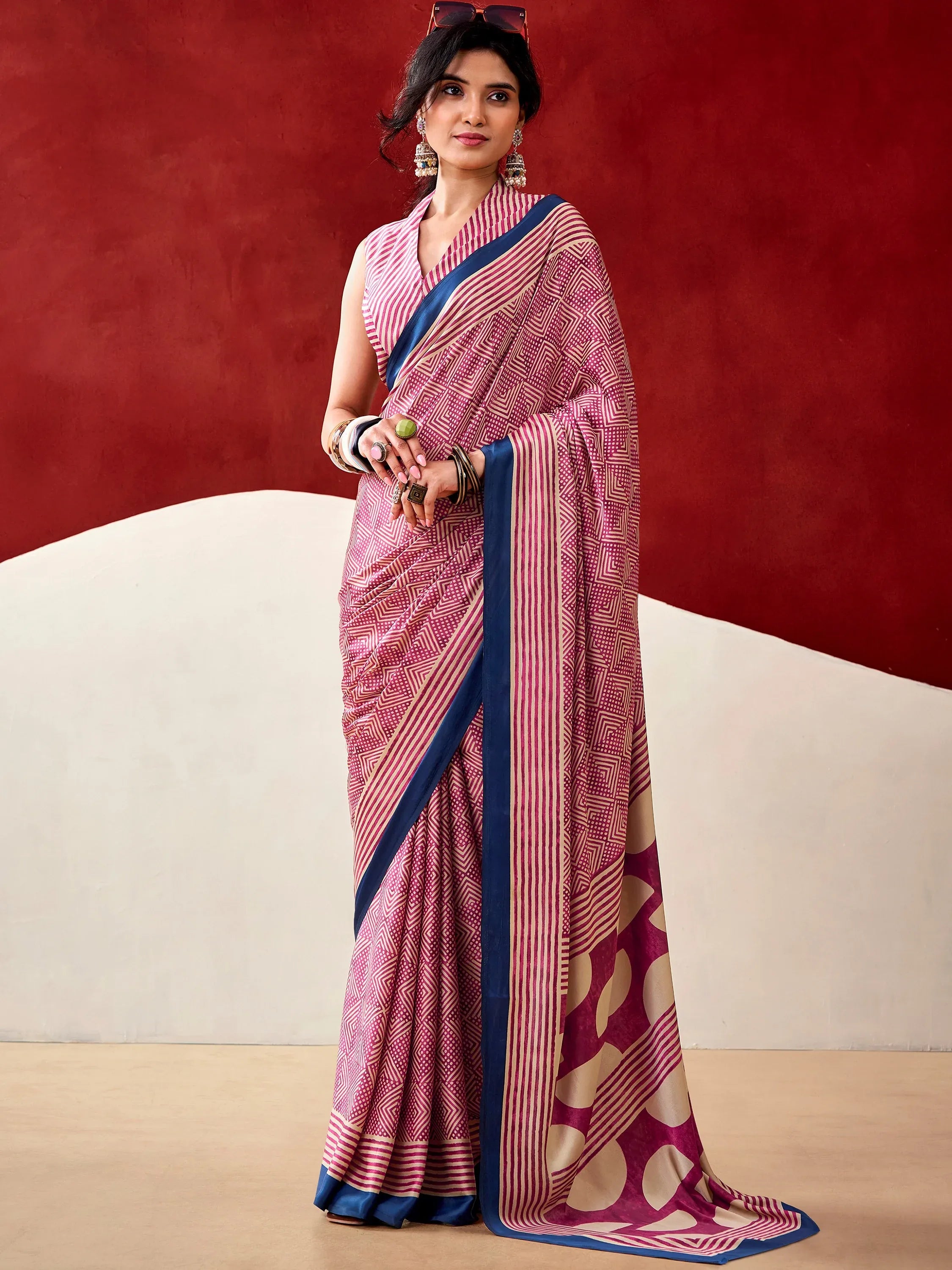 Gorgeous Pink Digital Printed Satin Office Wear Saree With Blouse