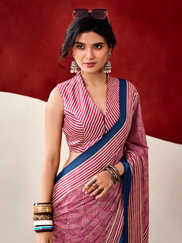 Gorgeous Pink Digital Printed Satin Office Wear Saree With Blouse