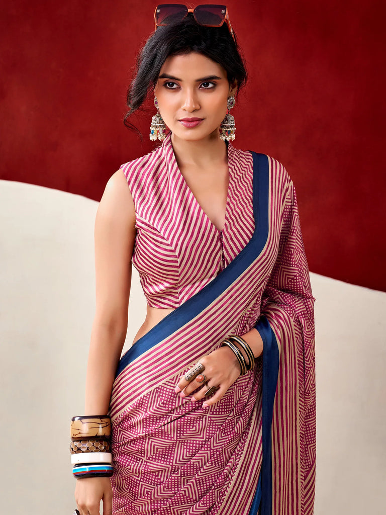 Gorgeous Pink Digital Printed Satin Office Wear Saree With Blouse