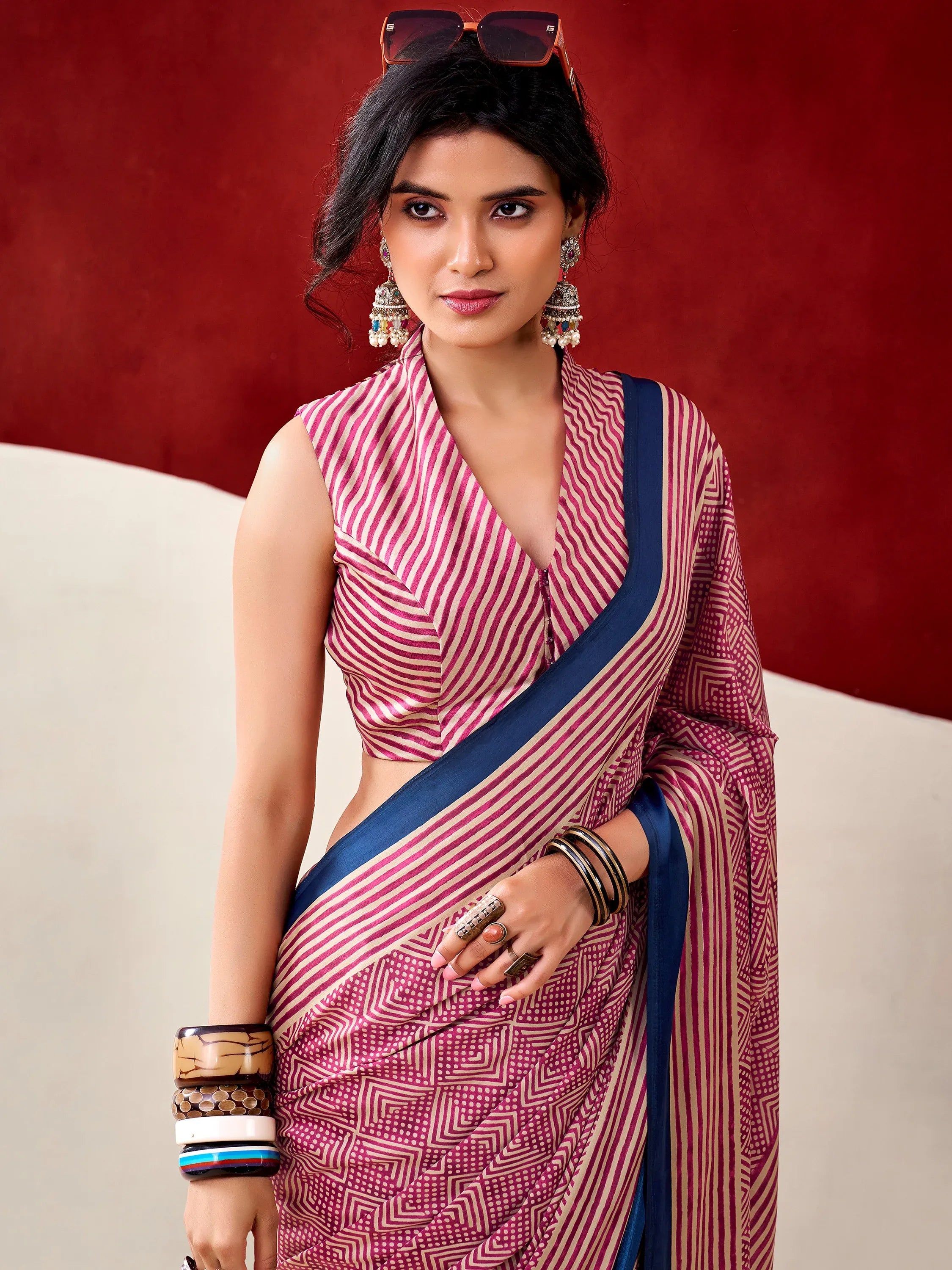 Gorgeous Pink Digital Printed Satin Office Wear Saree With Blouse