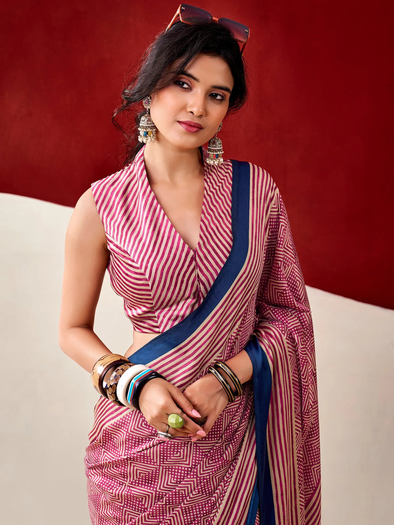 Gorgeous Pink Digital Printed Satin Office Wear Saree With Blouse