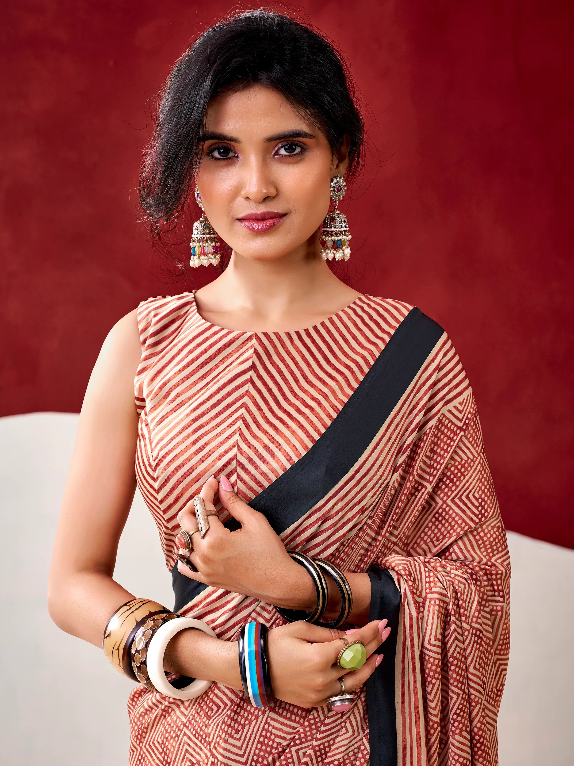 Awesome Rust Orange Digital Printed Satin Traditional Saree With Blouse