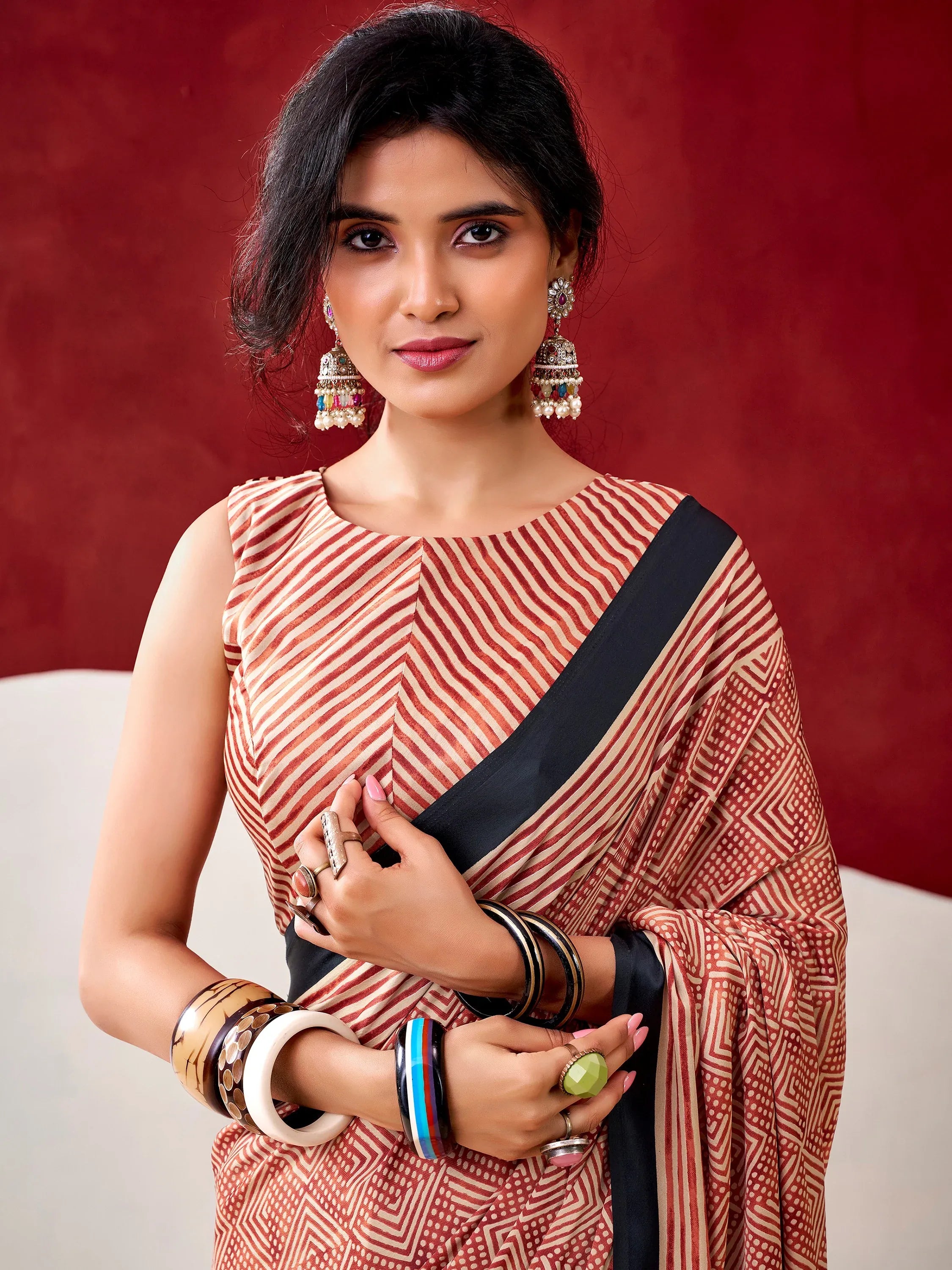 Awesome Rust Orange Digital Printed Satin Traditional Saree With Blouse