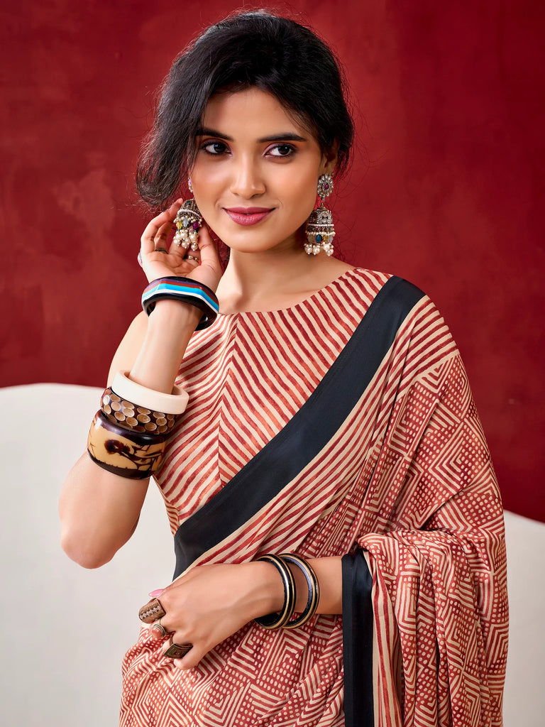 Awesome Rust Orange Digital Printed Satin Traditional Saree With Blouse