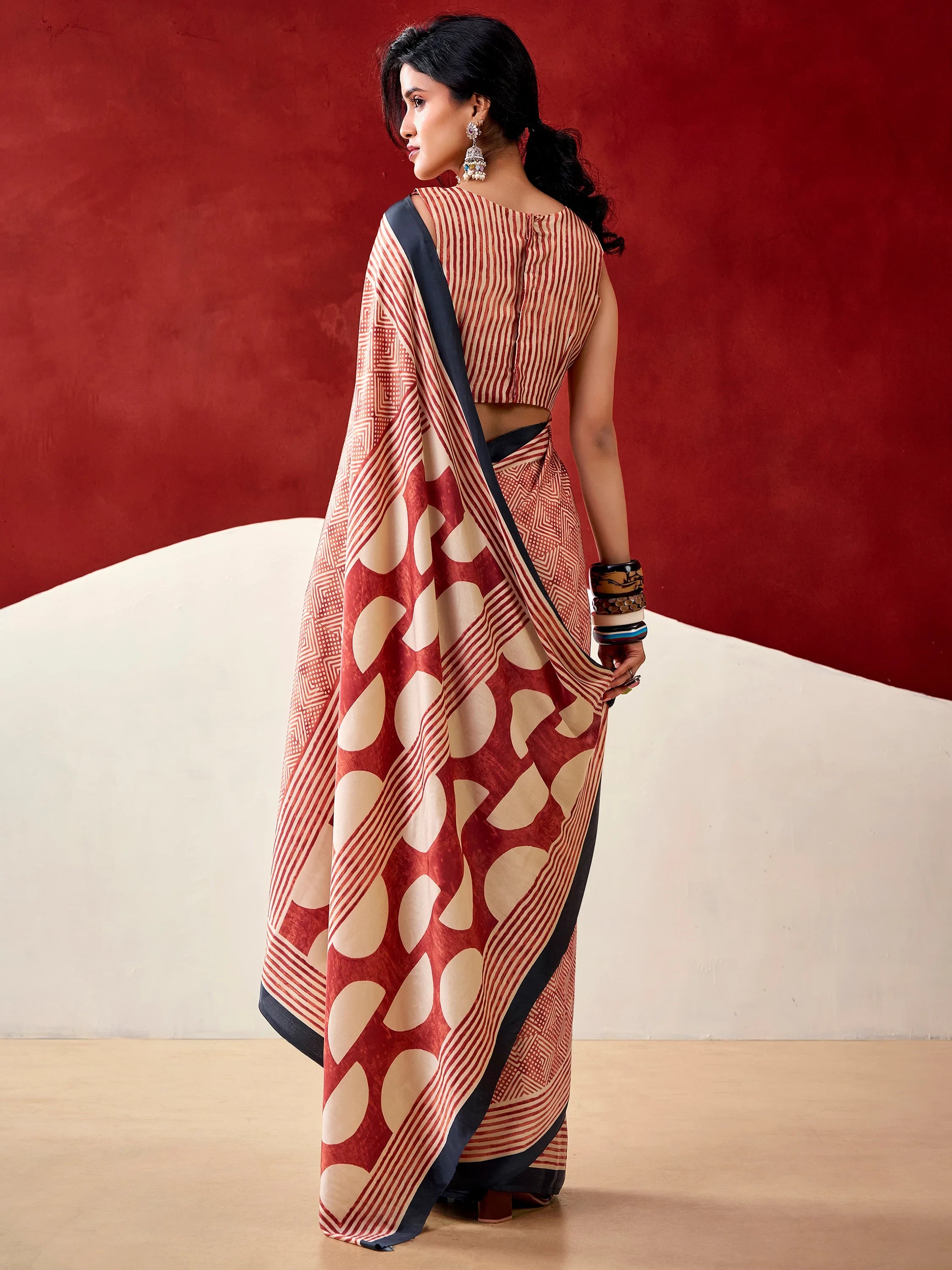 Awesome Rust Orange Digital Printed Satin Traditional Saree With Blouse