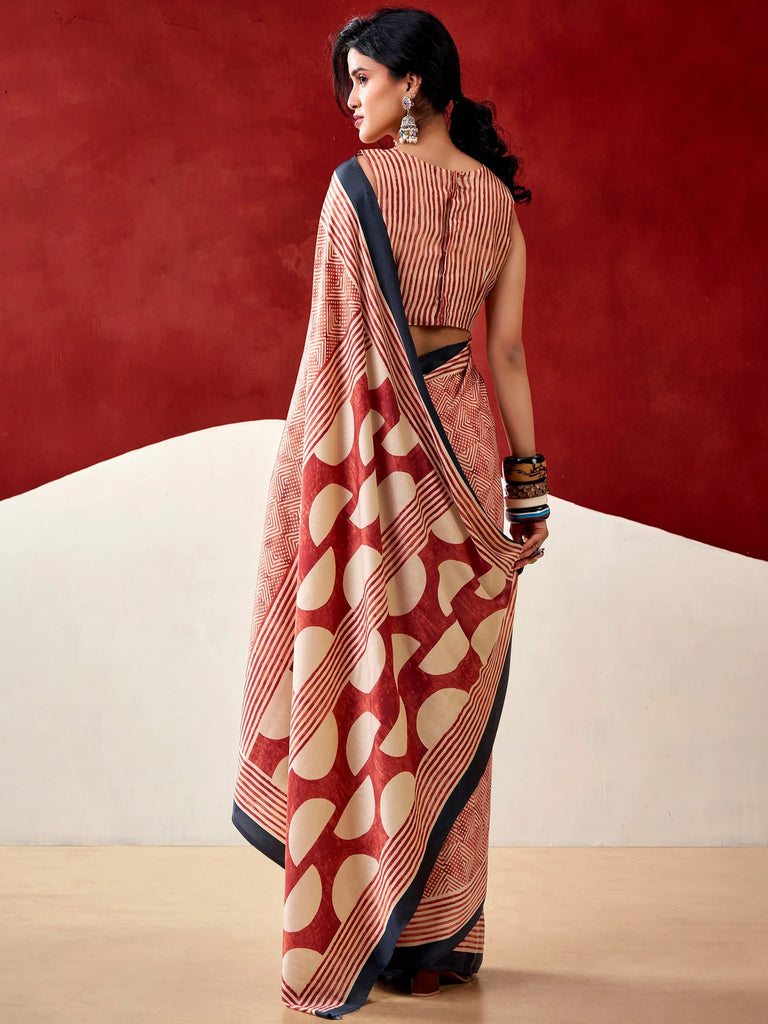 Awesome Rust Orange Digital Printed Satin Traditional Saree With Blouse
