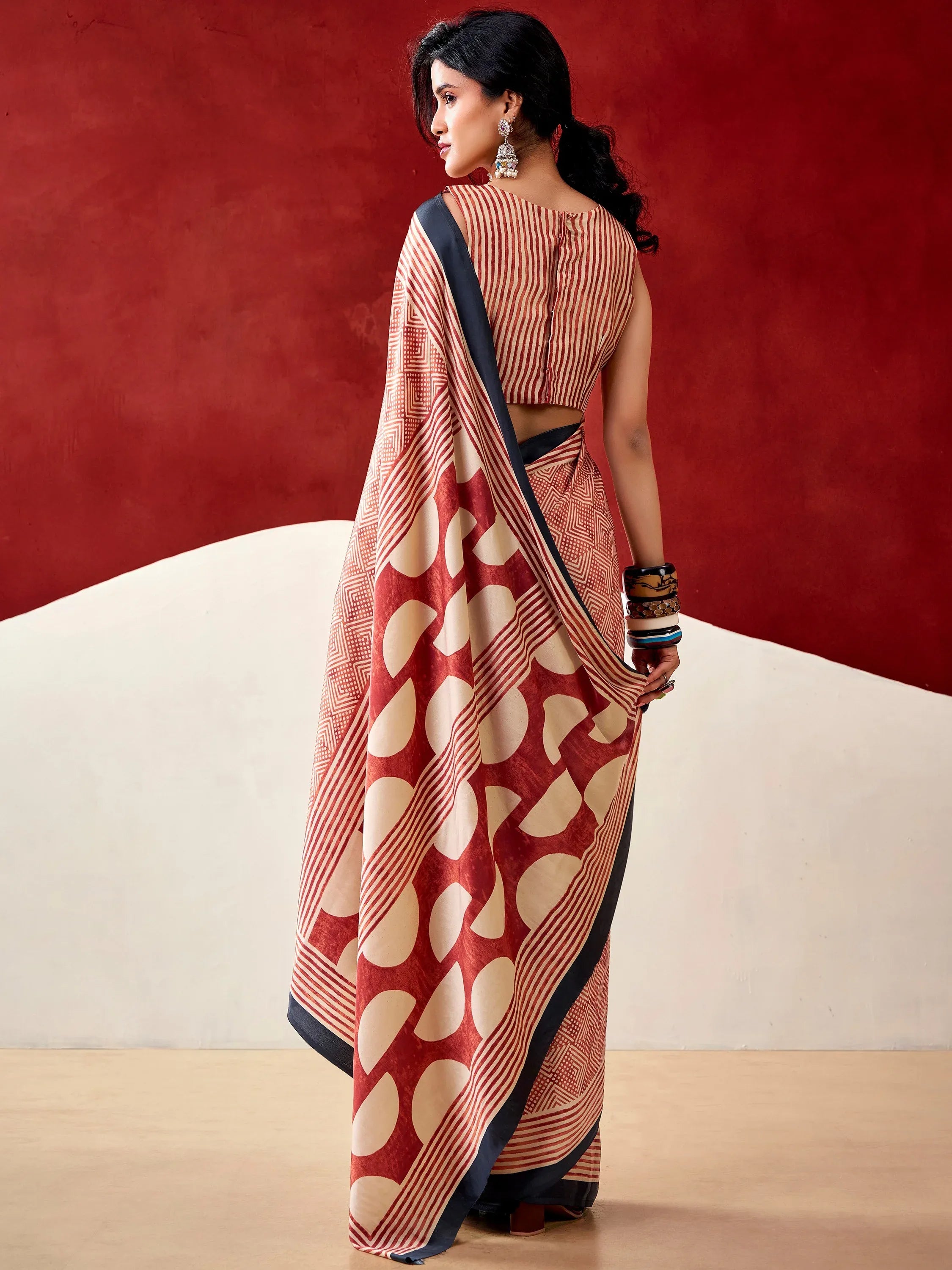 Awesome Rust Orange Digital Printed Satin Traditional Saree With Blouse