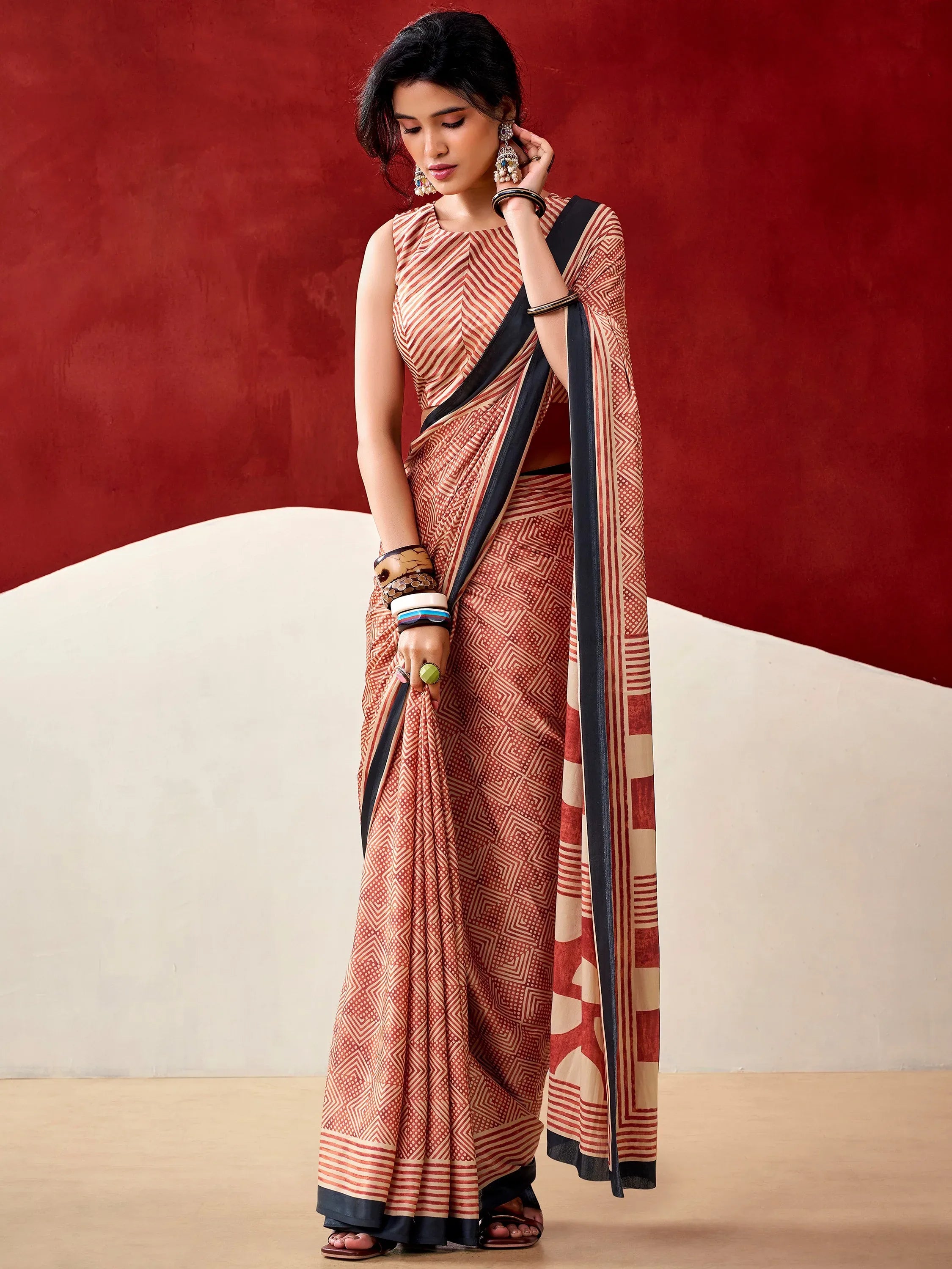 Awesome Rust Orange Digital Printed Satin Traditional Saree With Blouse