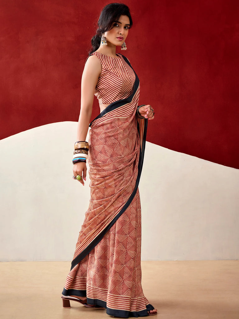 Awesome Rust Orange Digital Printed Satin Traditional Saree With Blouse