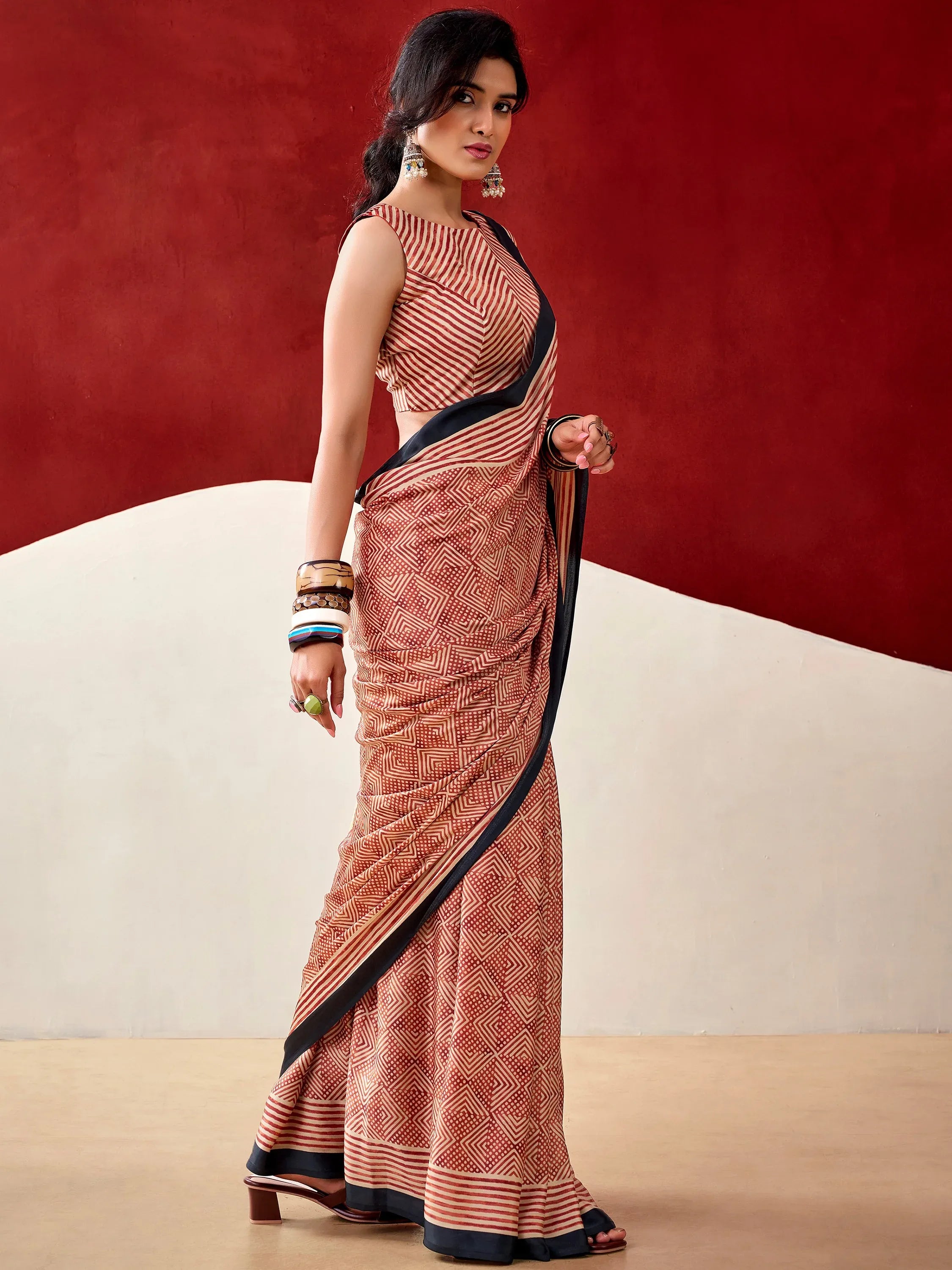 Awesome Rust Orange Digital Printed Satin Traditional Saree With Blouse