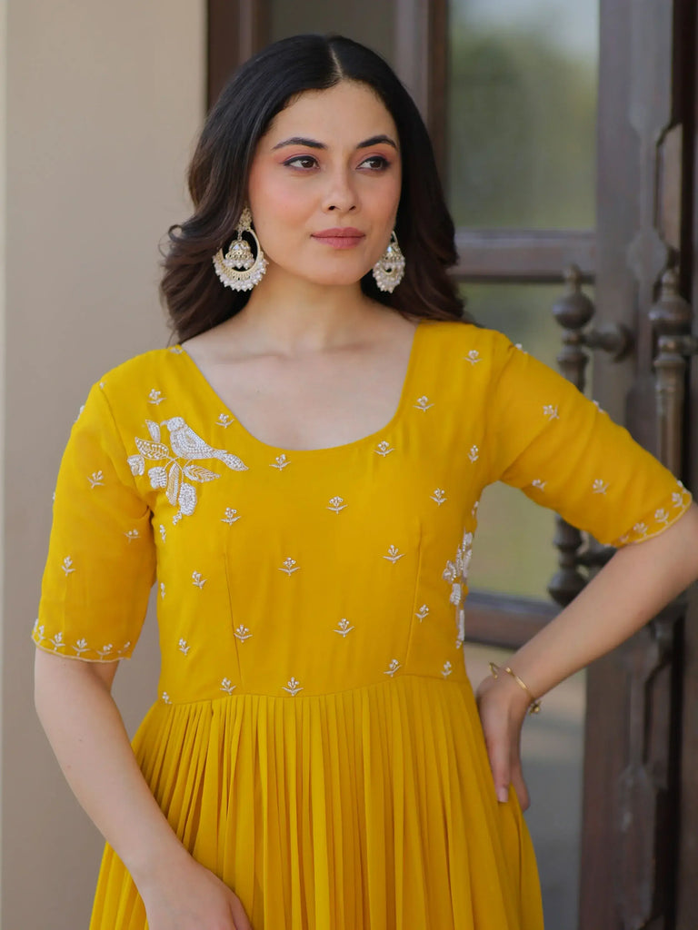 Sweet Yellow Embroidered Georgette Traditional Gown