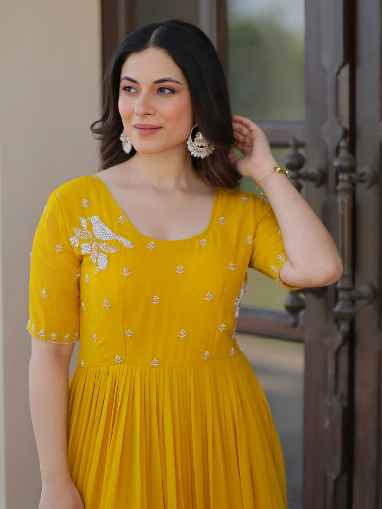 Sweet Yellow Embroidered Georgette Traditional Gown