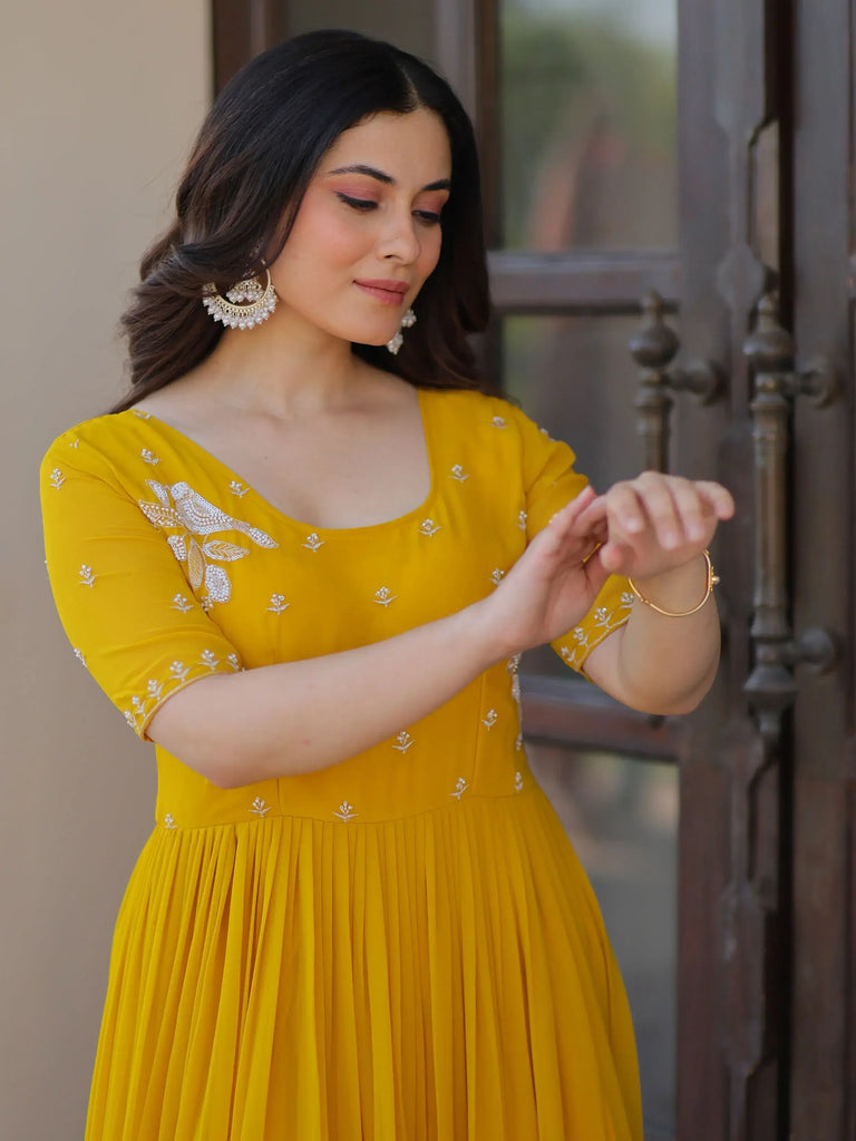 Sweet Yellow Embroidered Georgette Traditional Gown