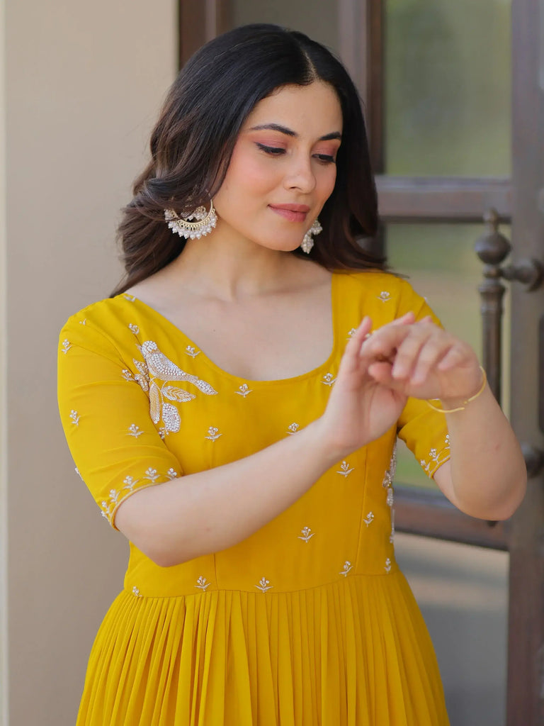 Sweet Yellow Embroidered Georgette Traditional Gown