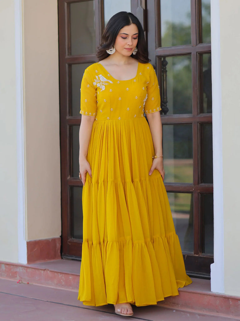 Sweet Yellow Embroidered Georgette Traditional Gown