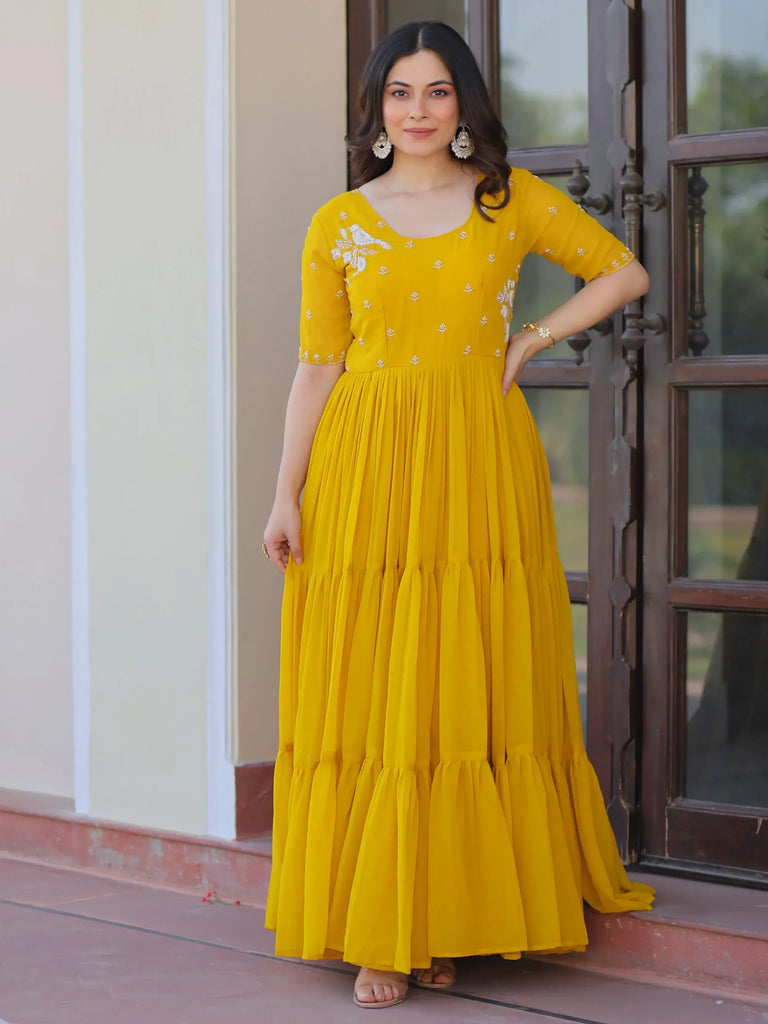 Sweet Yellow Embroidered Georgette Traditional Gown