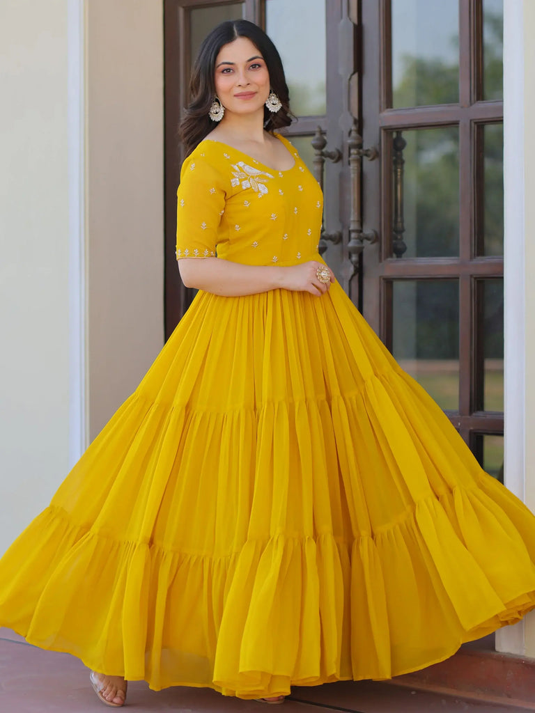 Sweet Yellow Embroidered Georgette Traditional Gown