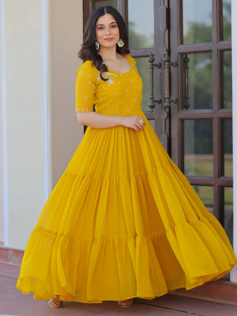 Sweet Yellow Embroidered Georgette Traditional Gown
