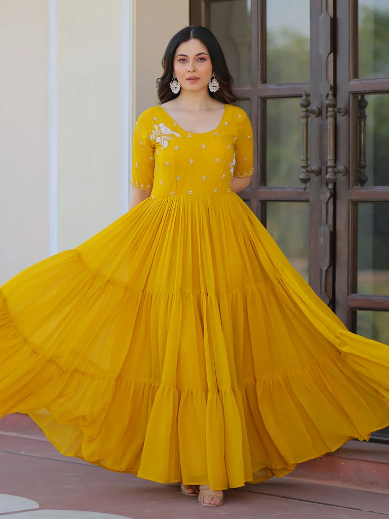 Sweet Yellow Embroidered Georgette Traditional Gown