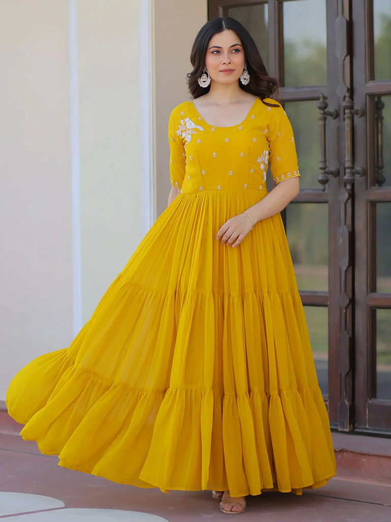 Sweet Yellow Embroidered Georgette Traditional Gown