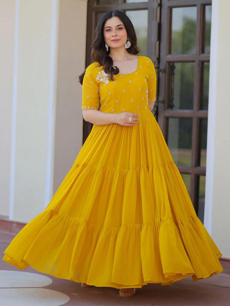 Sweet Yellow Embroidered Georgette Traditional Gown