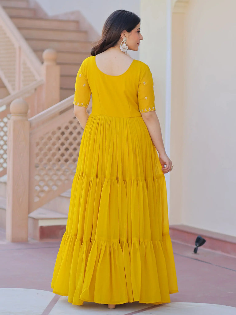 Sweet Yellow Embroidered Georgette Traditional Gown