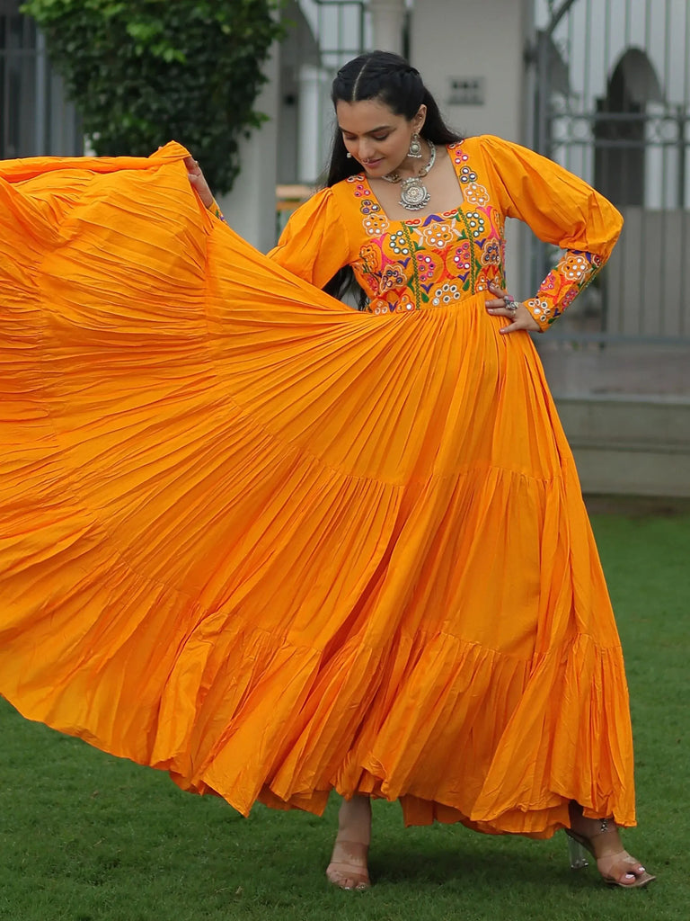 Adorable Orange Gamthi Work Rayon Festival Wear Gown