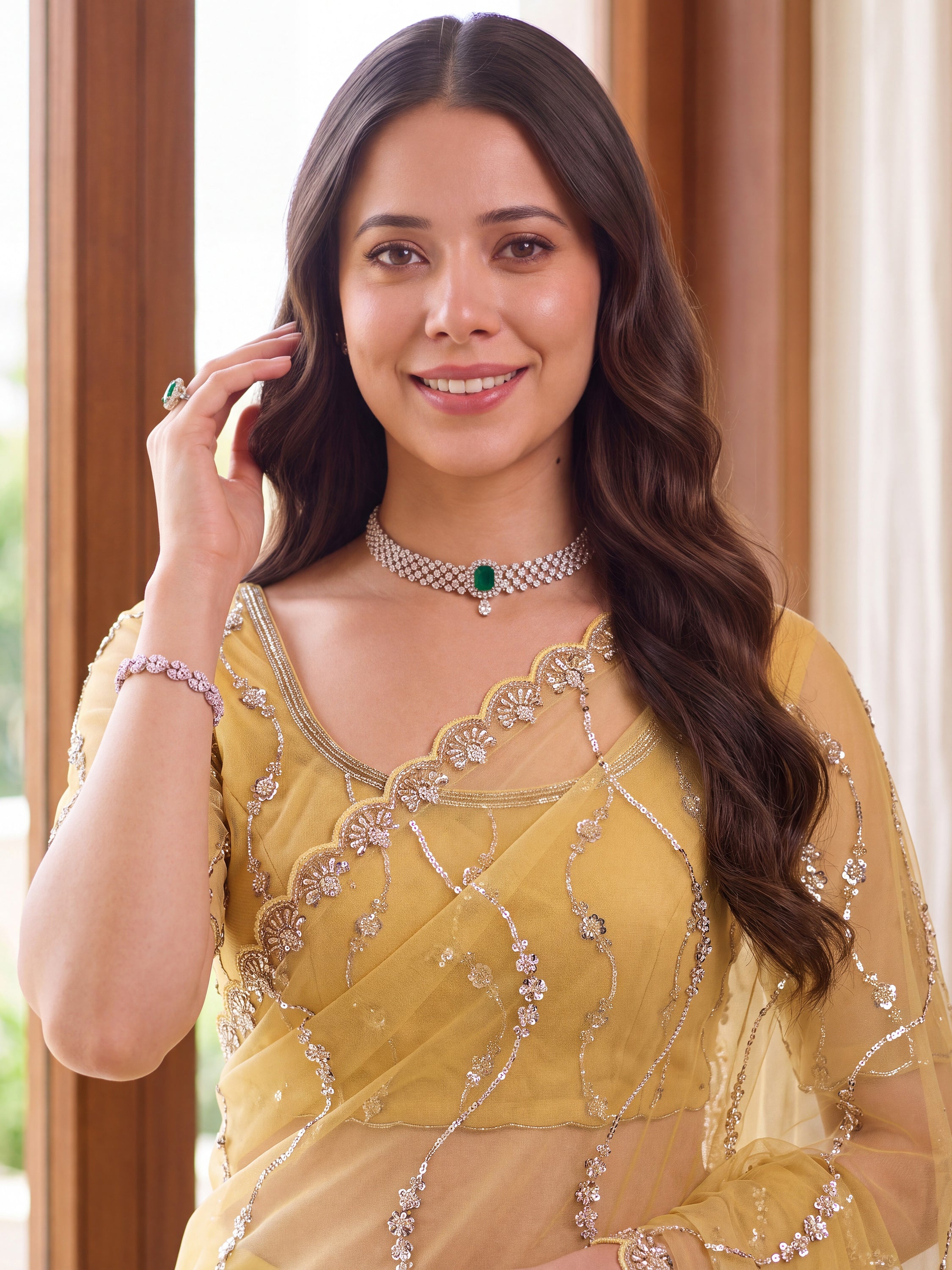 Gorgeous Yellow Bead Embroidered Net Haldi Wear Saree With Blouse