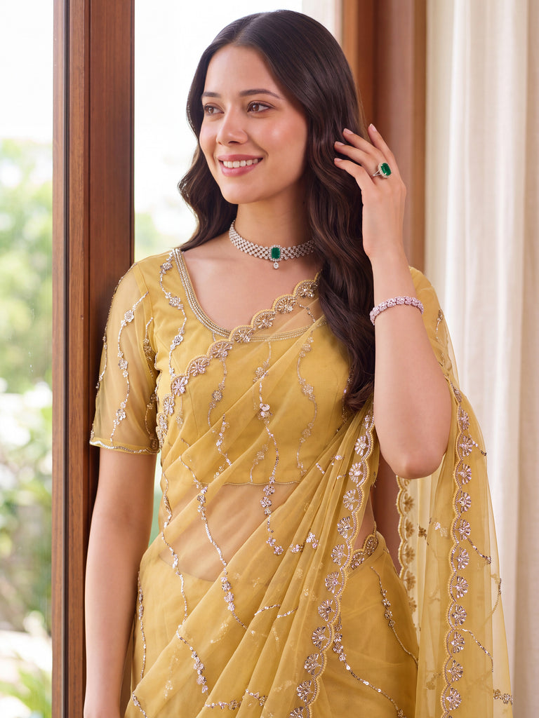 Gorgeous Yellow Bead Embroidered Net Haldi Wear Saree With Blouse