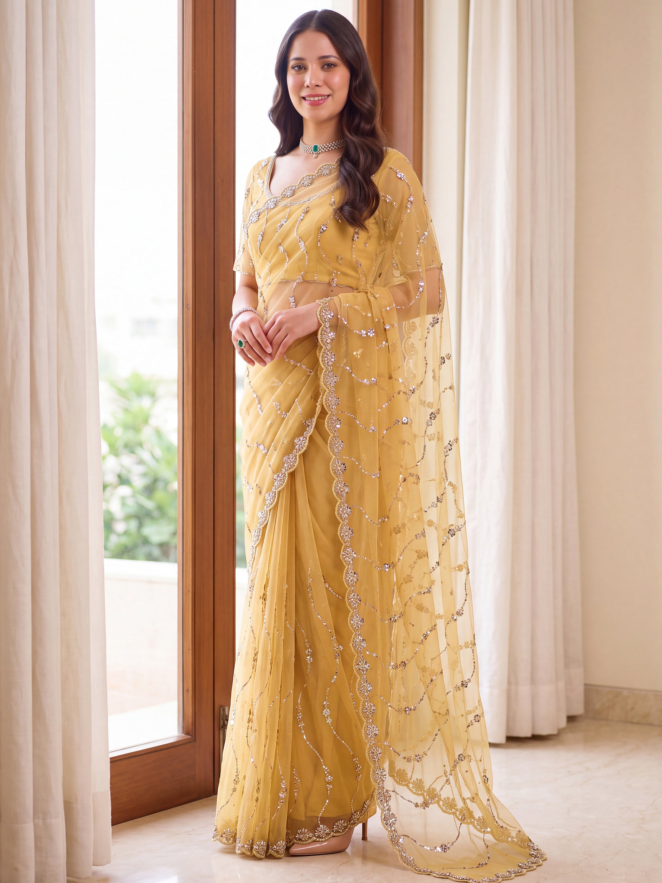 Gorgeous Yellow Bead Embroidered Net Haldi Wear Saree With Blouse