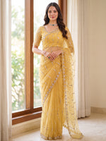 Gorgeous Yellow Bead Embroidered Net Haldi Wear Saree With Blouse