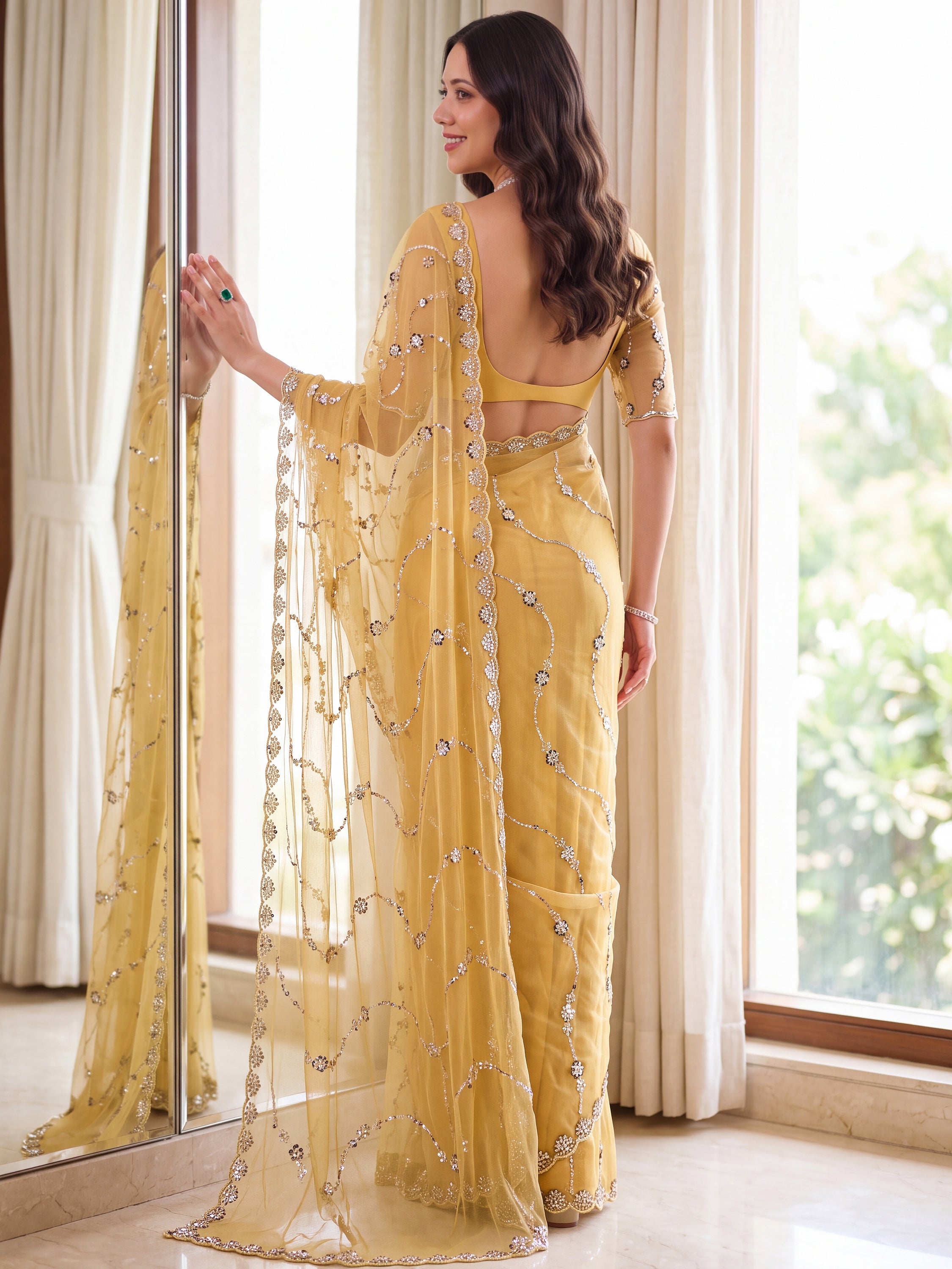 Gorgeous Yellow Bead Embroidered Net Haldi Wear Saree With Blouse