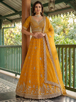 Adoring Mustard Yellow Organza Sequins Haldi Wear Lehenga With Blouse