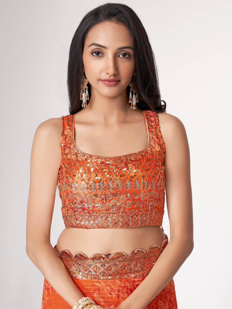 Gorgeous Orange Floral Printed Organza Party Wear Saree With Blouse
