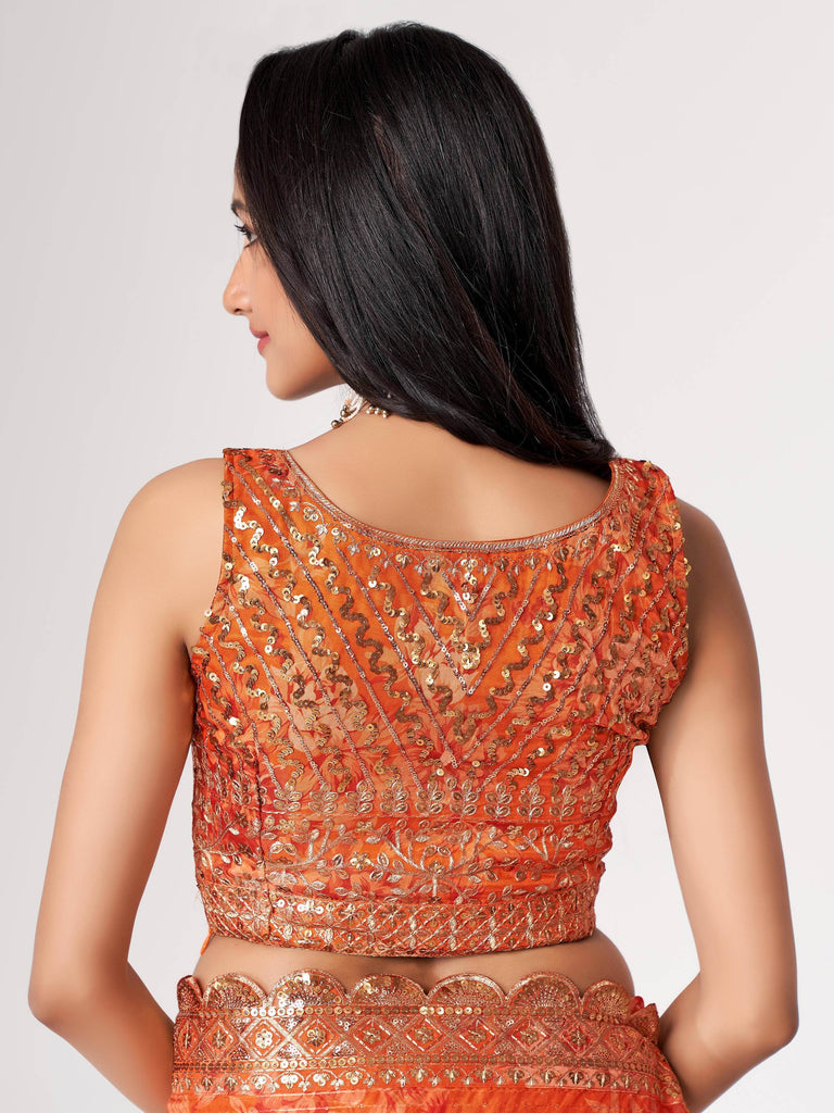 Gorgeous Orange Floral Printed Organza Party Wear Saree With Blouse