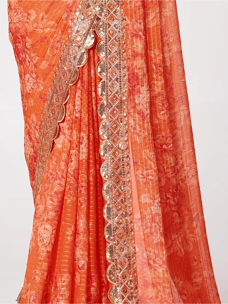 Gorgeous Orange Floral Printed Organza Party Wear Saree With Blouse