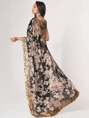 Captivating Black Floral Printed Organza Events Wear Saree