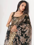 Captivating Black Floral Printed Organza Events Wear Saree