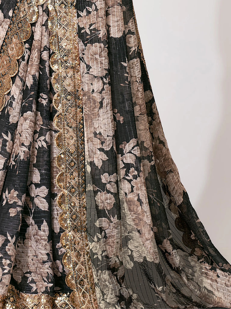 Captivating Black Floral Printed Organza Events Wear Saree