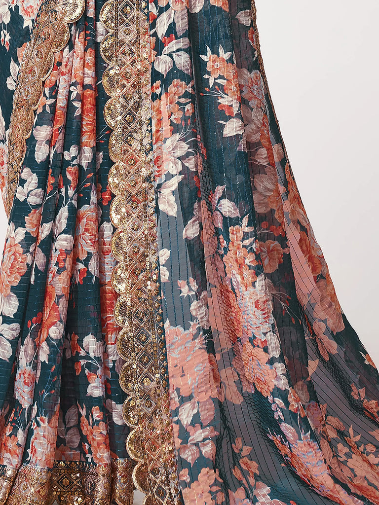 Fascinating Dove Blue Floral Printed Organza Events Wear Saree With Blouse