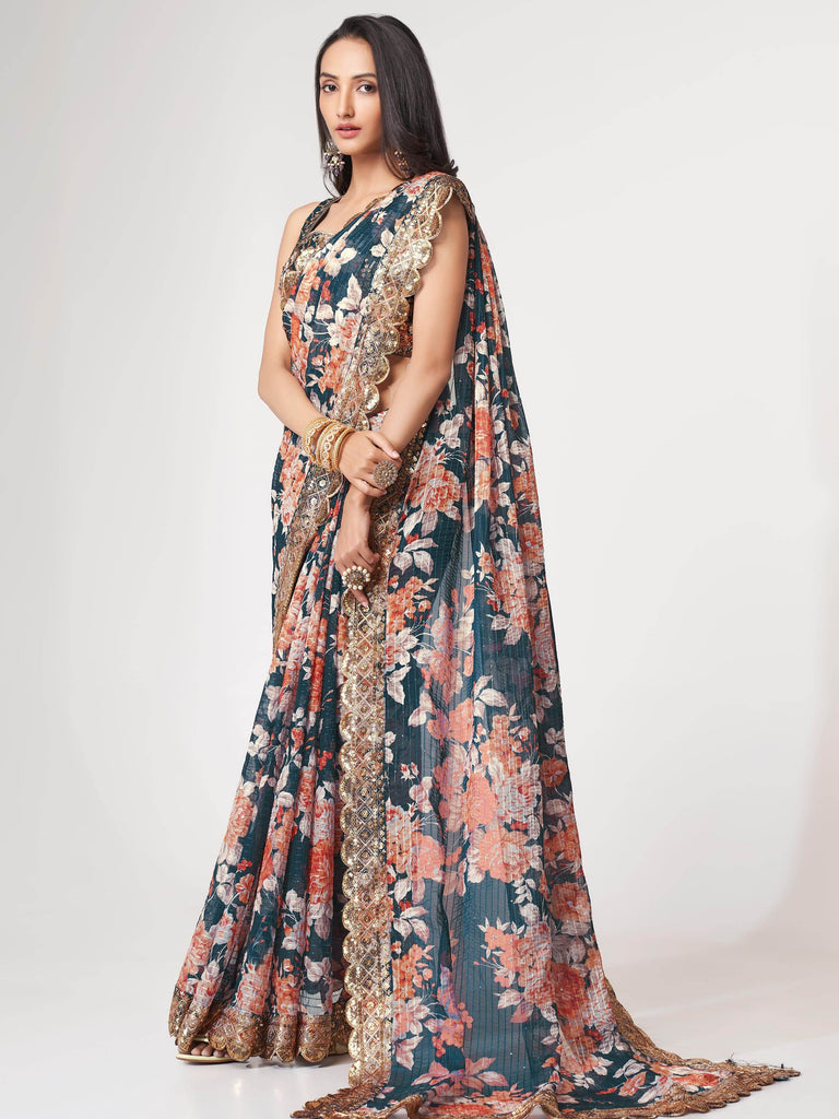 Fascinating Dove Blue Floral Printed Organza Events Wear Saree With Blouse