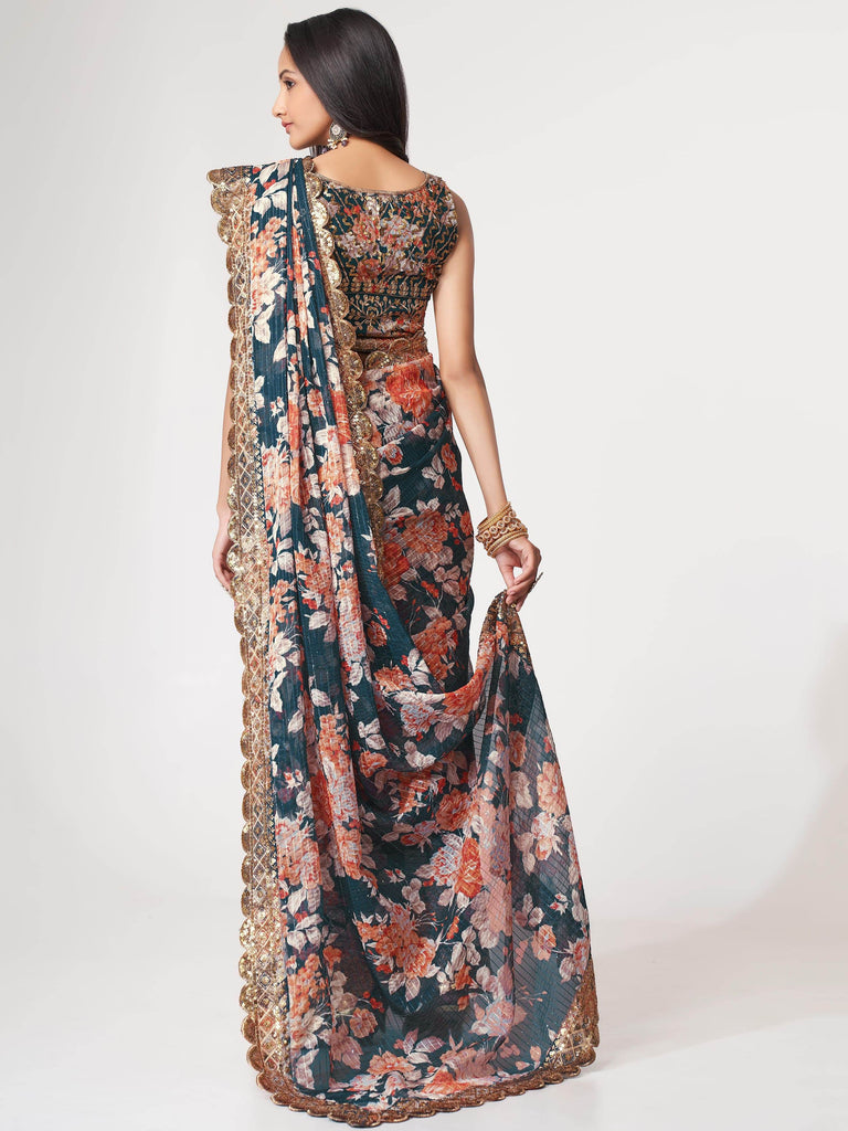 Fascinating Dove Blue Floral Printed Organza Events Wear Saree With Blouse